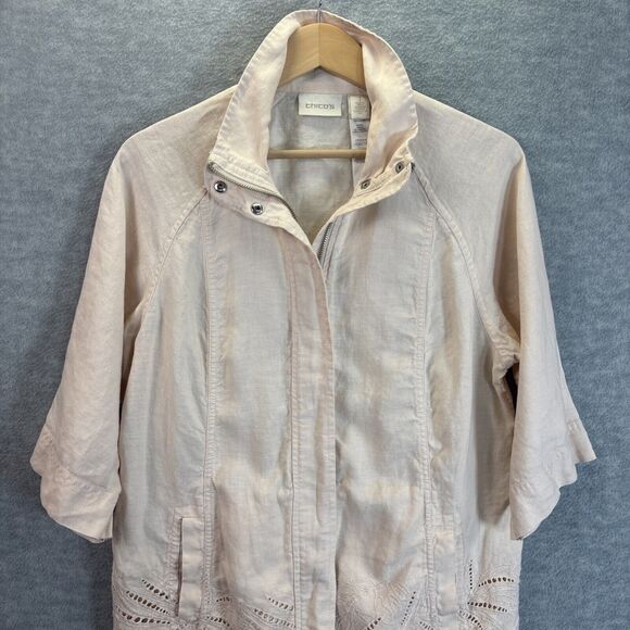 Chicos Linen Zip Up Jacket M Pink Eyelet 3/4 Sleeve Tunic Pockets Lagenlook‎ - Picture 5 of 16